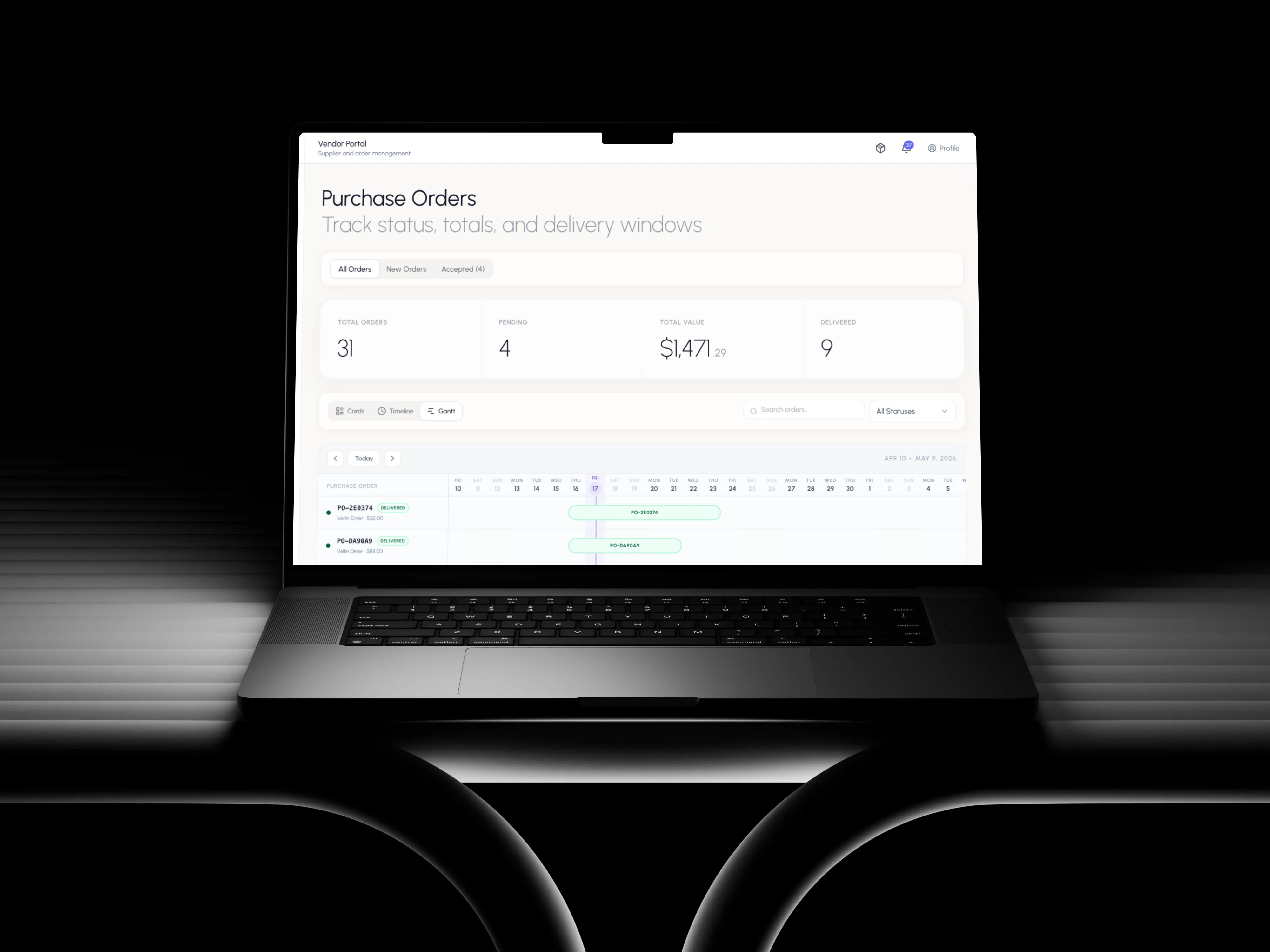 Vellin web dashboard with reporting and vendor management